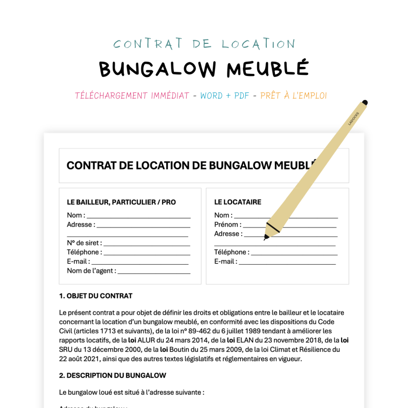 bungalow meublé Contrat de Location de Bungalow Meublé