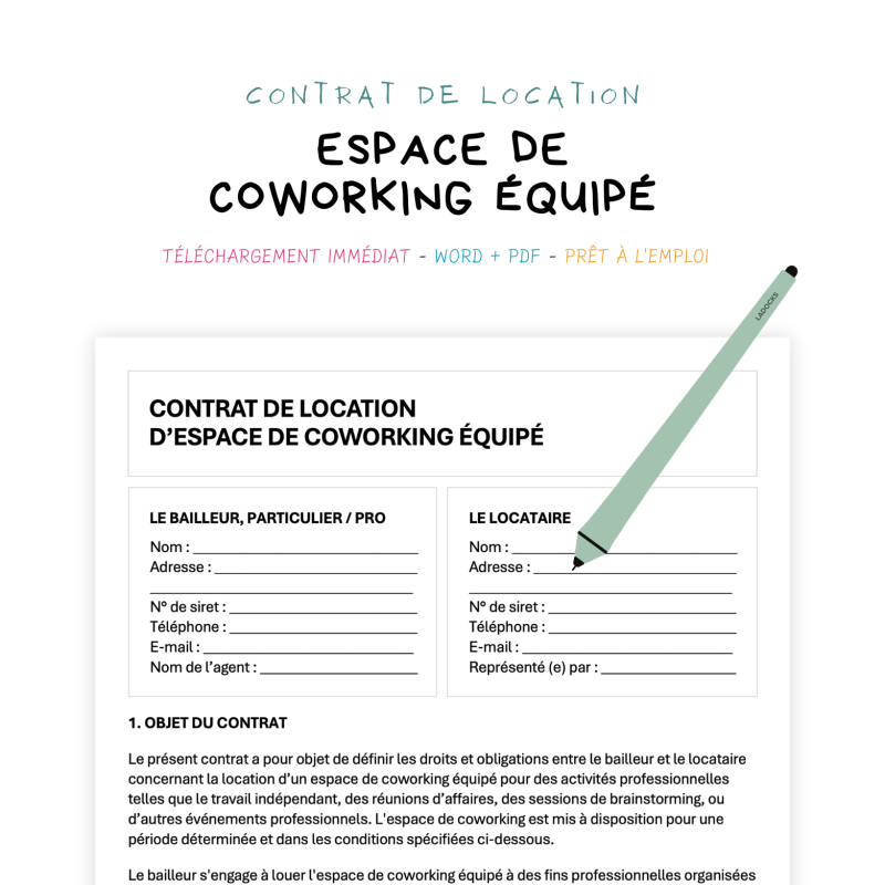espace de coworking équipé Contrat de Location d’Espace de Coworking Équipé