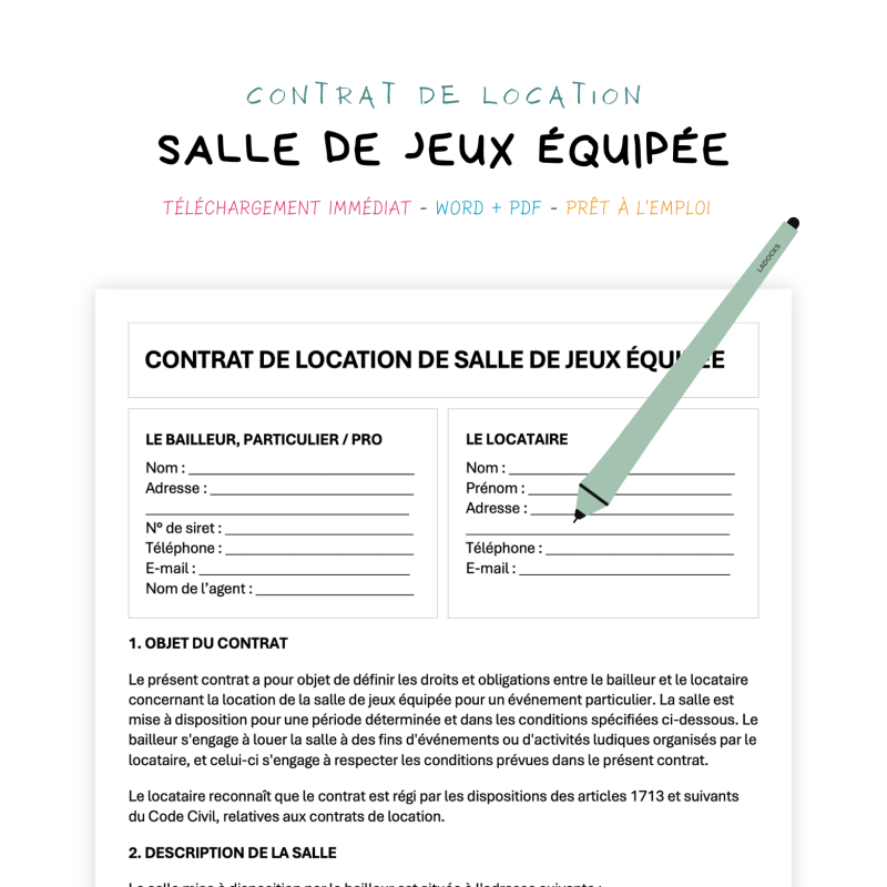 salle de jeux équipée Contrat de Location de Salle de Jeux Équipée