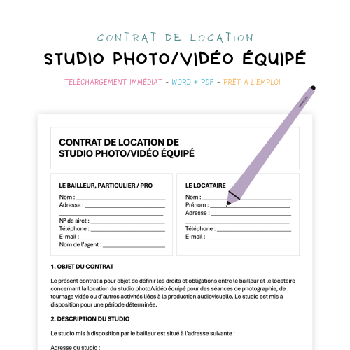 Contrat de Location de Studio Photo/Vidéo Équipé