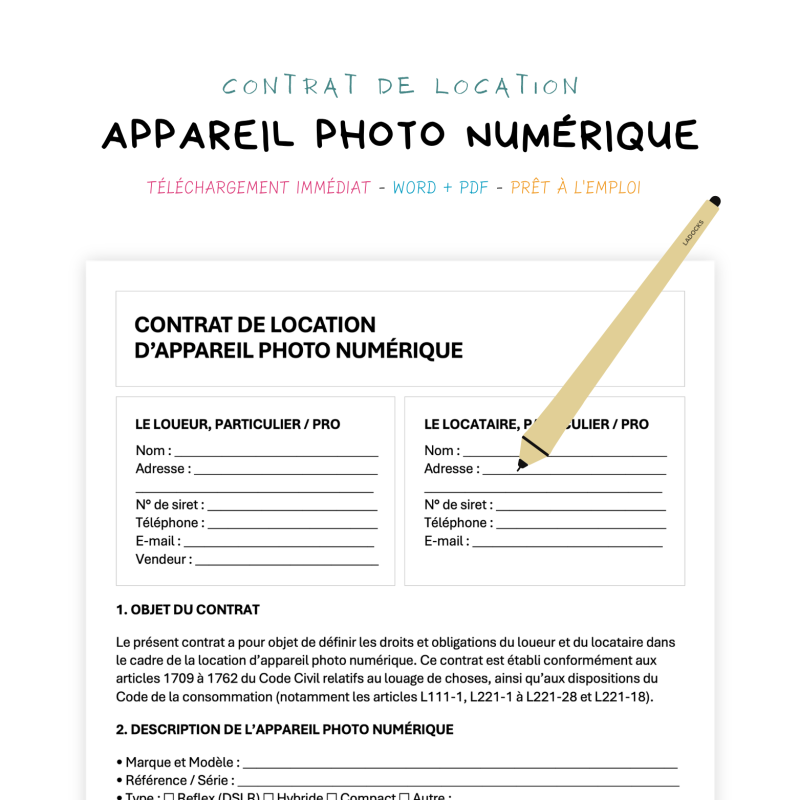 appareil photo numérique Contrat de Location d’Appareil Photo Numérique