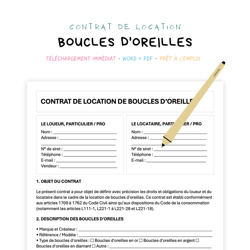 boucles d'oreilles Contrat de Location de Boucles d’Oreilles
