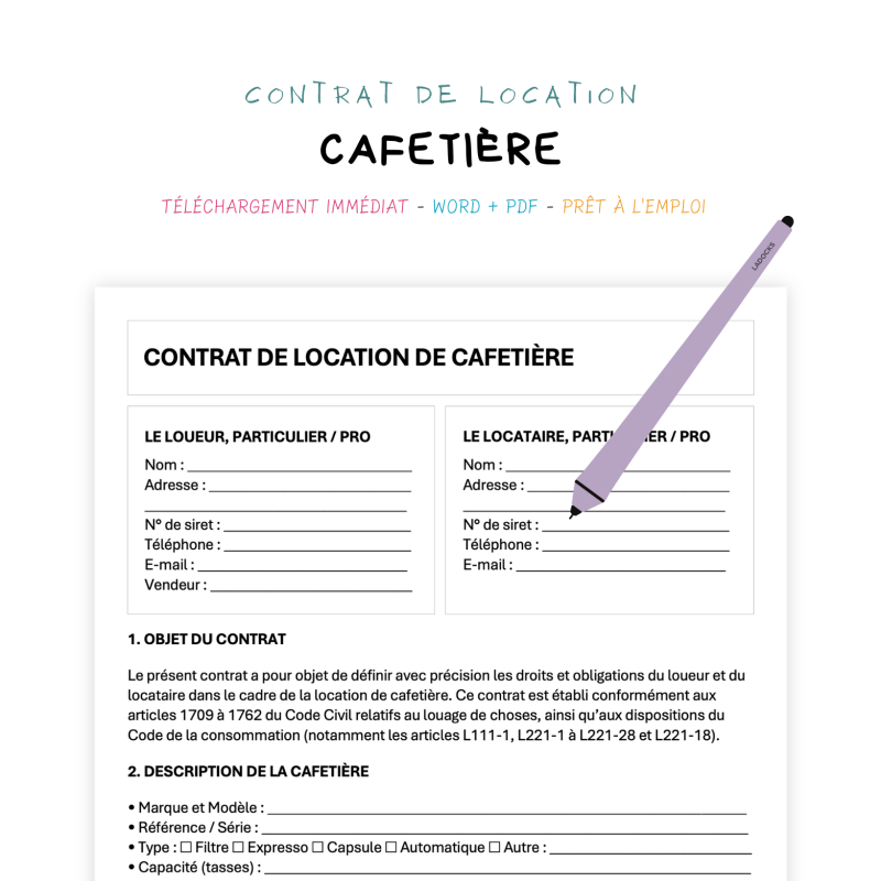 cafetière Contrat de Location de Cafetière