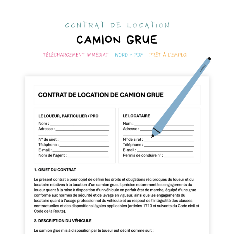 camion grue Contrat de Location de Camion Grue