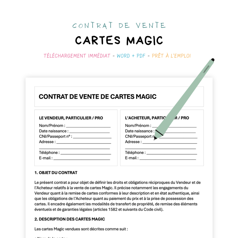 cartes magic Contrat de Vente de Cartes Magic