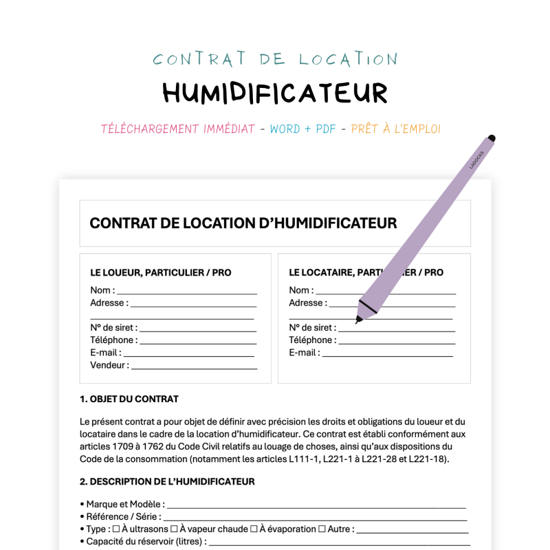 humidificateur Contrat de Location d’Humidificateur