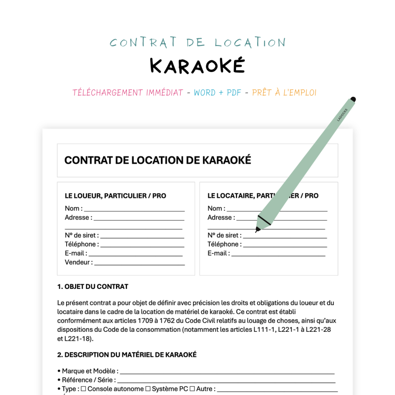 karaoké Contrat de Location de Matériel de Karaoké