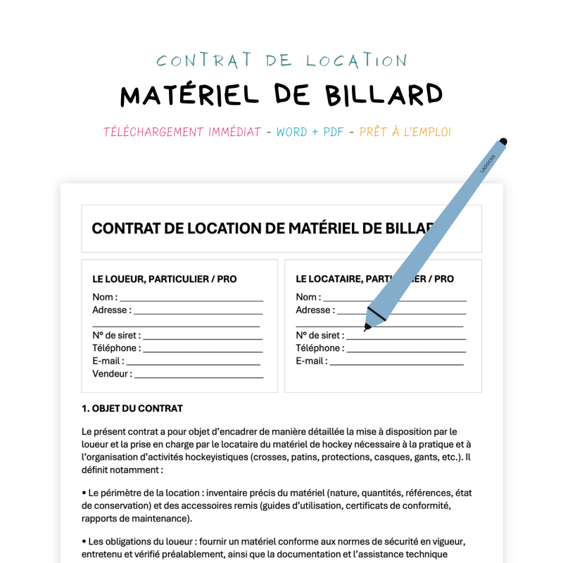 matériel de billard Contrat de Location de Matériel de Billard