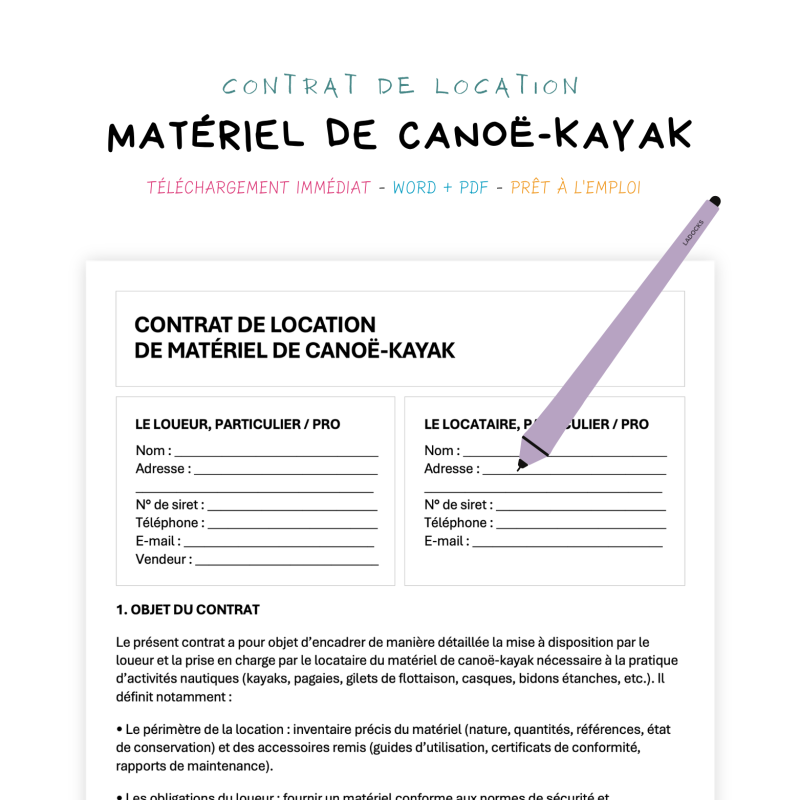 matériel de canoë-kayak Contrat de Location de Matériel de Canoë-Kayak