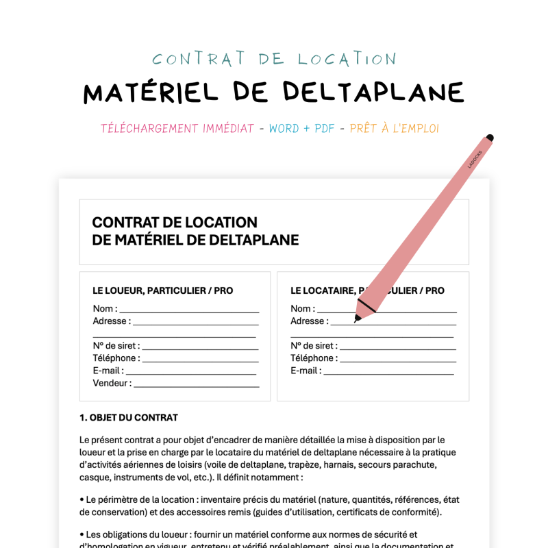 matériel de deltaplane Contrat de Location de Matériel de Deltaplane