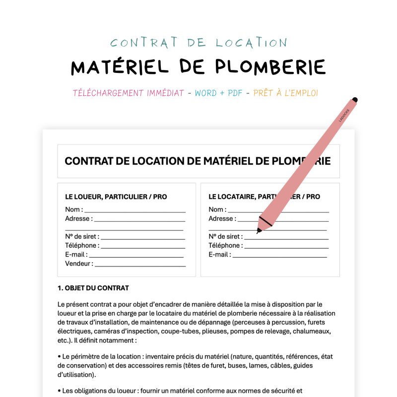 matériel de plomberie Contrat de Location de Matériel de Plomberie