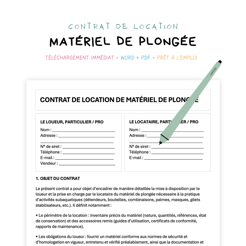 matériel de plongée Contrat de Location de Matériel de Plongée