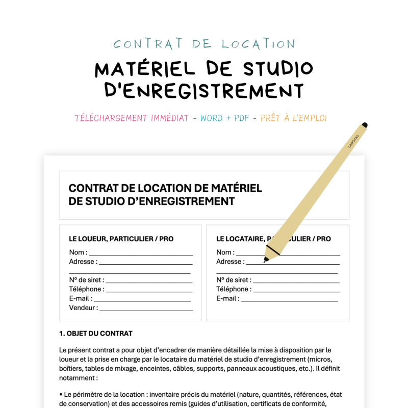 matériel de studio d'enregistrement Contrat de Location de Matériel de Studio d’Enregistrement