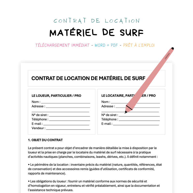 matériel de surf Contrat de Location de Matériel de Surf