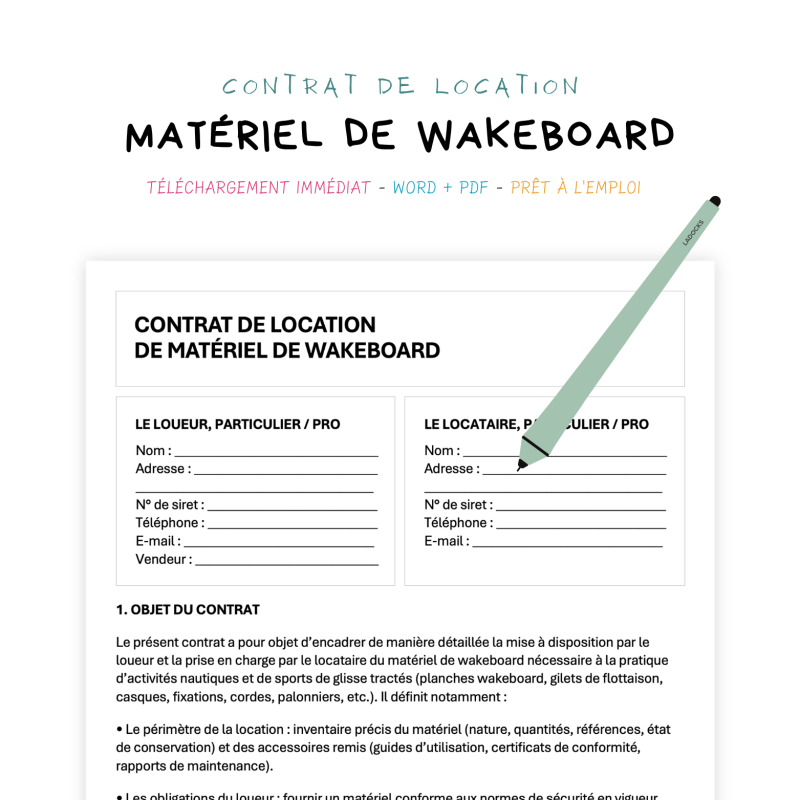 matériel de wakeboard Contrat de Location de Matériel de Wakeboard