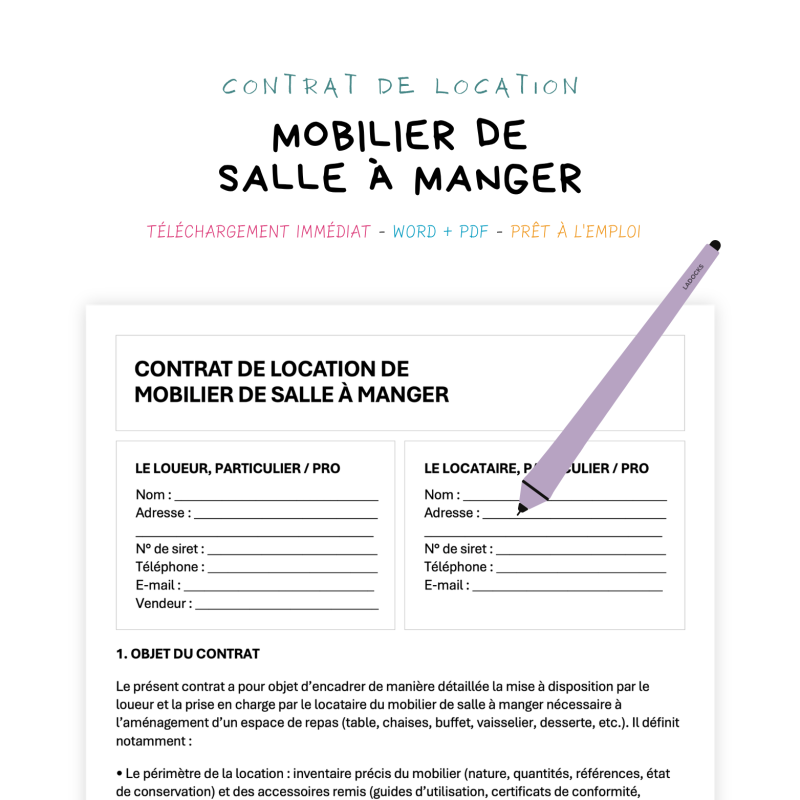 mobilier de salle à manger Contrat de Location de Mobilier de Salle à Manger