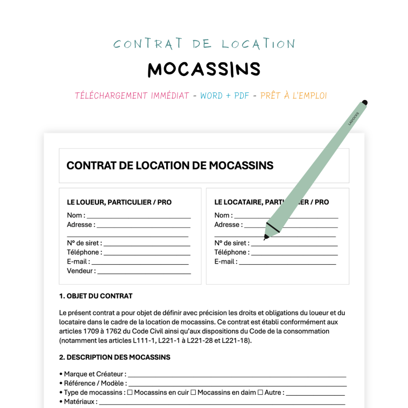 mocassins Contrat de Location de Mocassins