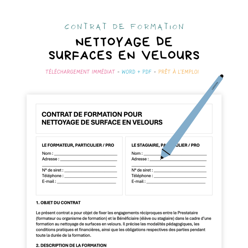 nettoyage de surfaces en velours Contrat de Formation au Nettoyage de Surfaces en Velours