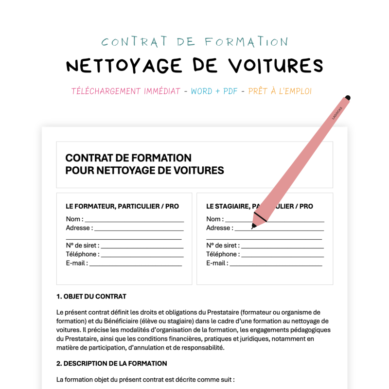 nettoyage de voitures Contrat de Formation au Nettoyage de Voitures