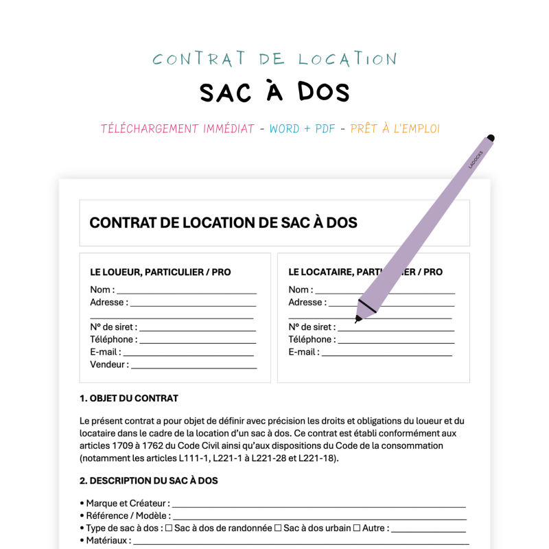 sac à dos Contrat de Location de Sac à Dos