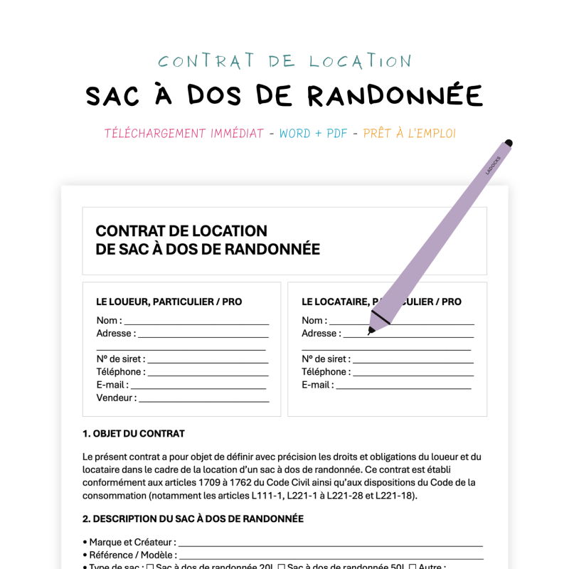 sac à dos de randonnée Contrat de Location de Sac à Dos de Randonnée