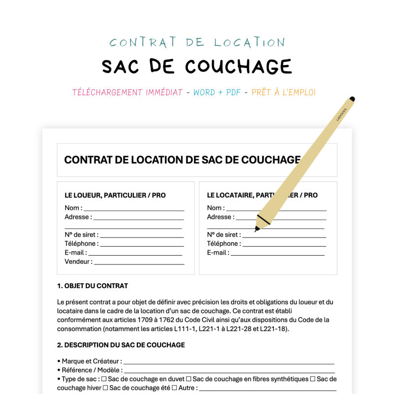 sac de couchage Contrat de Location de Sac de Couchage