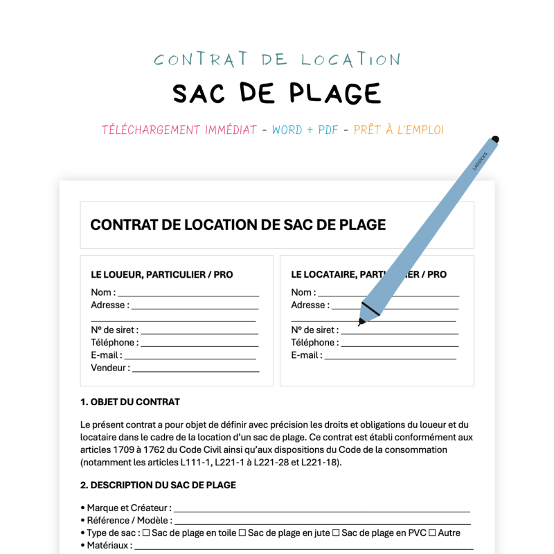 sac de plage Contrat de Location de Sac de Plage