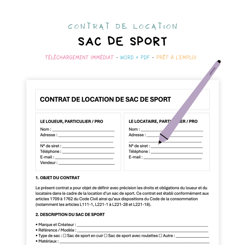 sac de sport Contrat de Location de Sac de Sport
