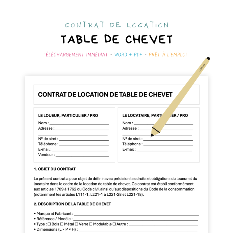 table de chevet Contrat de Location de Table de Chevet