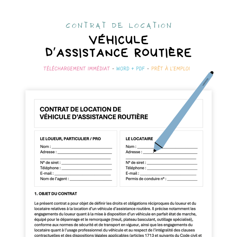 véhicule d’assistance routière Contrat de Location de Véhicule d'Assistance Routière