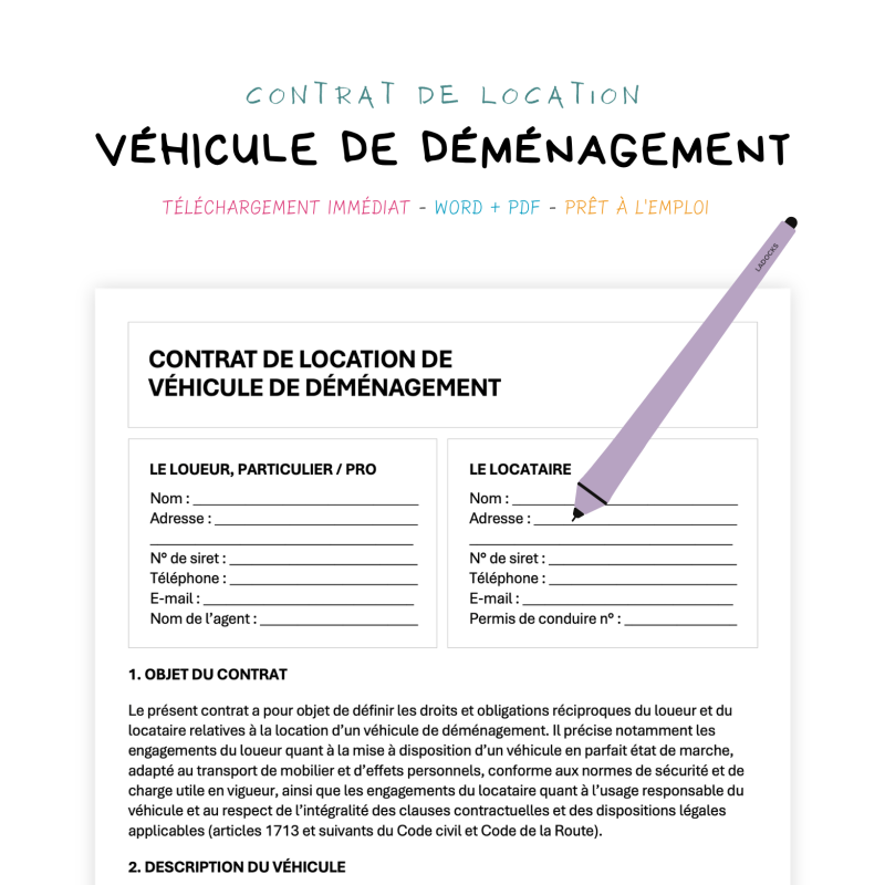 véhicule de déménagement Contrat de Location de Véhicule de Déménagement