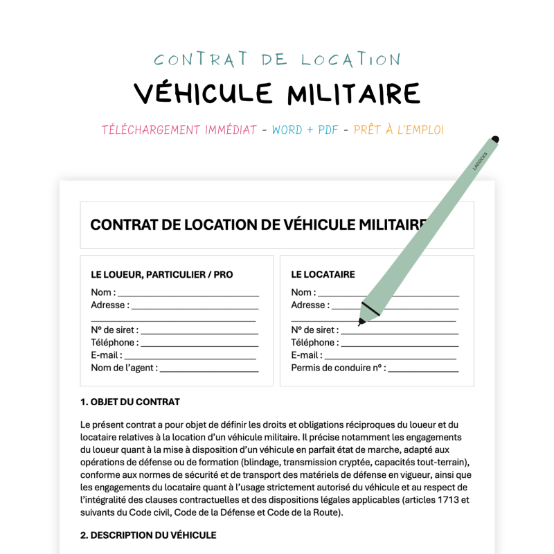 véhicule militaire Contrat de Location de Véhicule Militaire