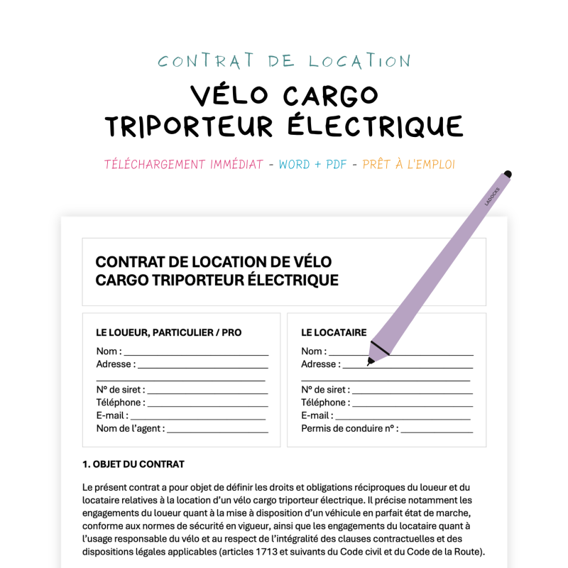 vélo cargo triporteur électrique Contrat de Location de Vélo Cargo Triporteur Électrique