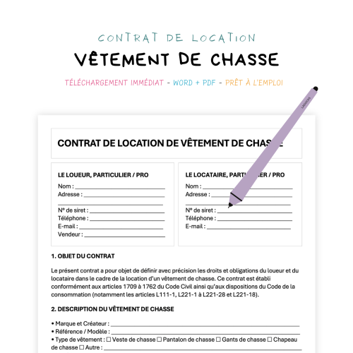 vêtement de chasse Contrat de Location de Vêtement de Chasse