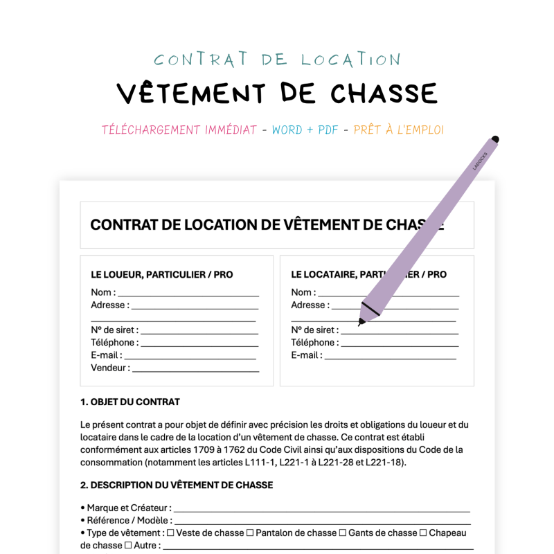 vêtement de chasse Contrat de Location de Vêtement de Chasse