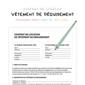 vêtement de déguisement Contrat de Location de Vêtement de Déguisement