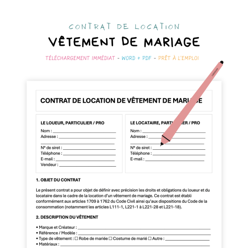 Contrat de Location de Vêtement de Mariage