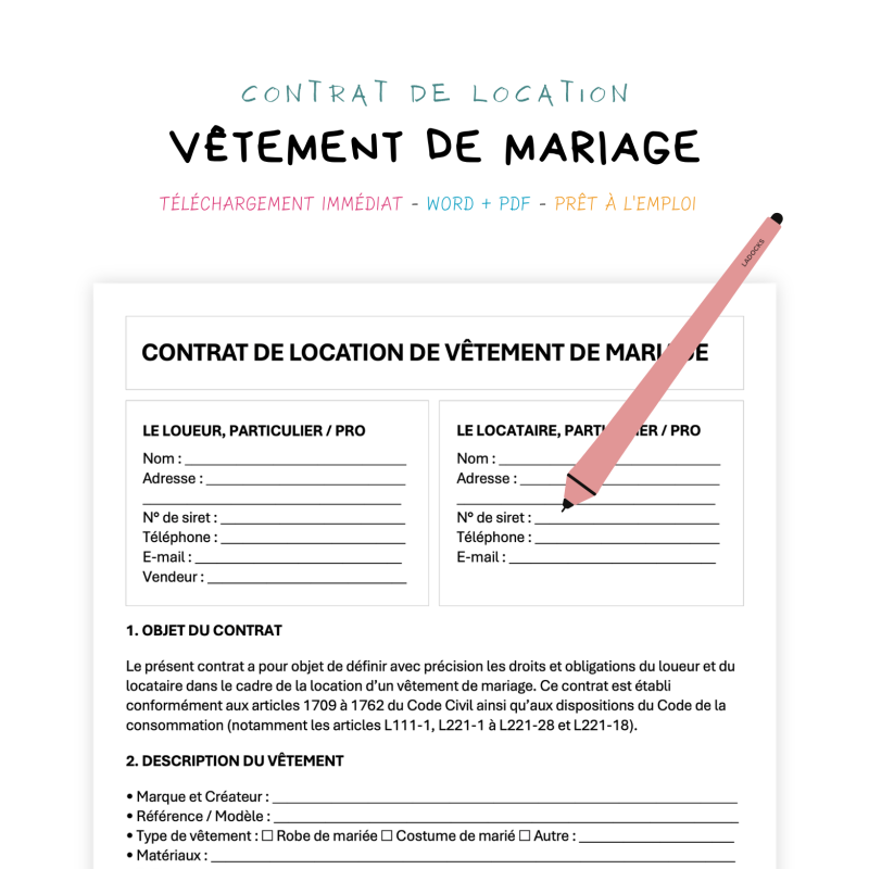 vêtement de mariage Contrat de Location de Vêtement de Mariage