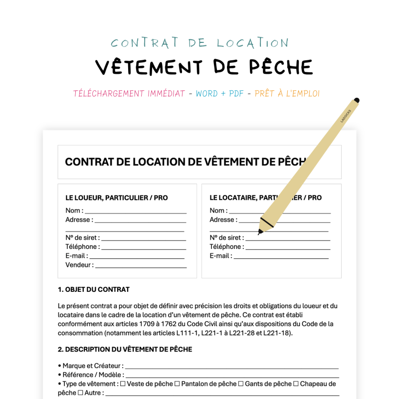 vêtement de pêche Contrat de Location de Vêtement de Pêche