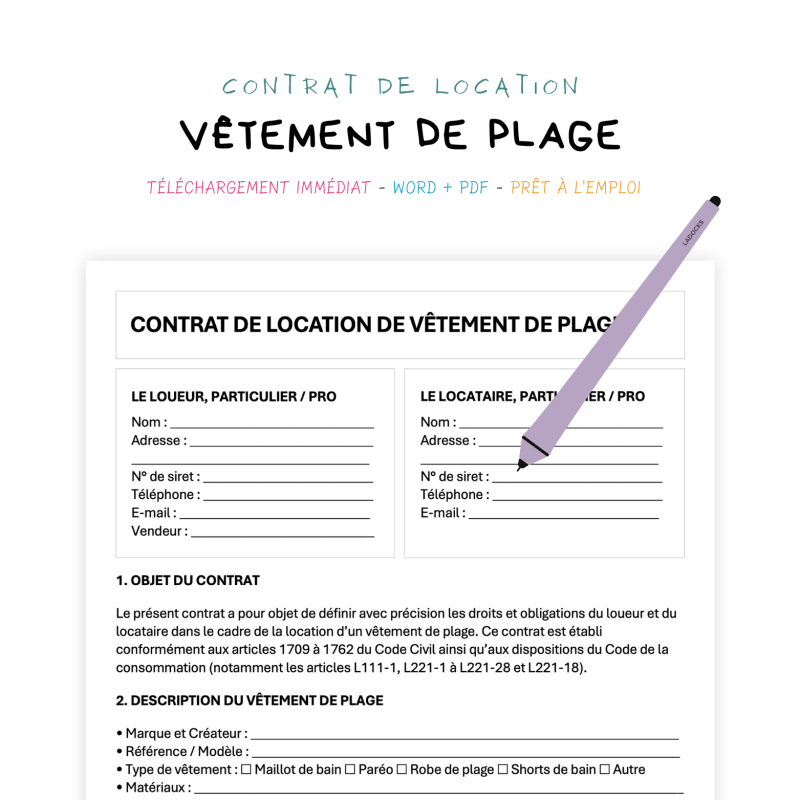vêtement de plage Contrat de Location de Vêtements de Plage