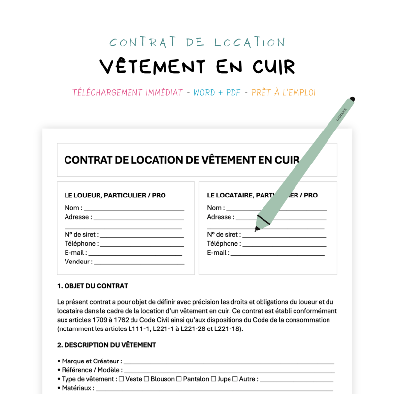 vêtement en cuir Contrat de Location de Vêtements en Cuir