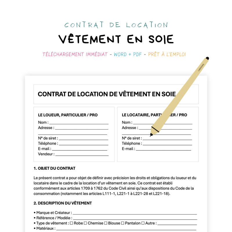 vêtement en soie Contrat de Location de Vêtements en Soie