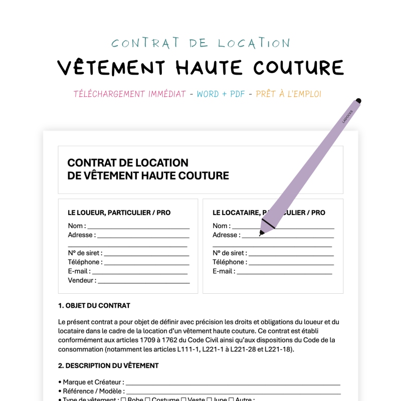 Contrat de Location de Vêtements Haute Couture