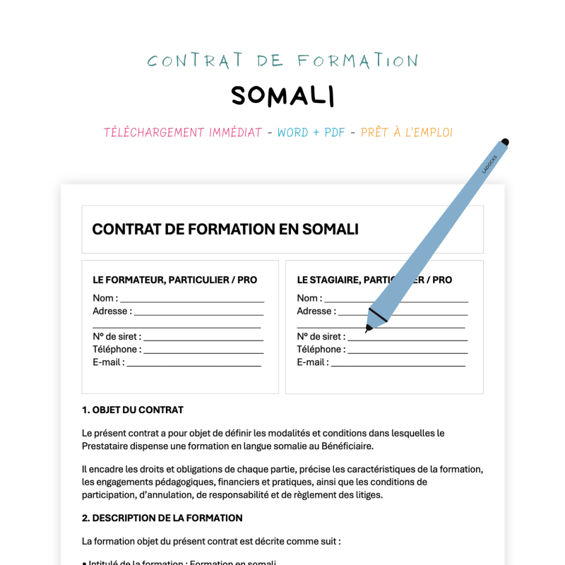 somali Contrat de Formation en Langue Somalie